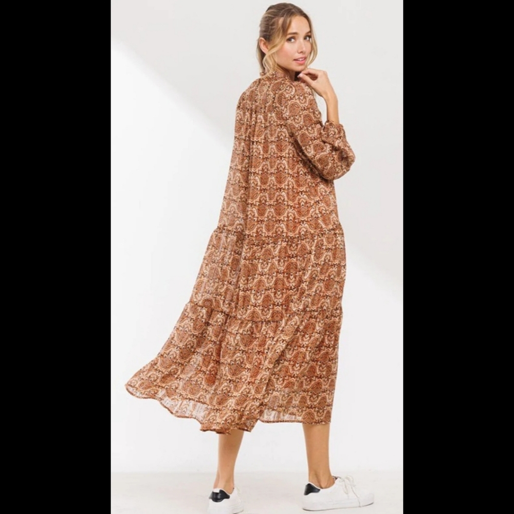 Gorgeous boho mocha tan geometric print long sleeve dress - Picture 5 of 10